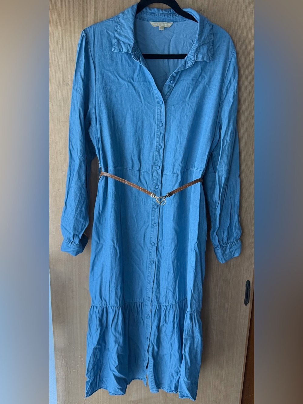 Blue Button-Front Long Sleeve Dress with Brown Belt